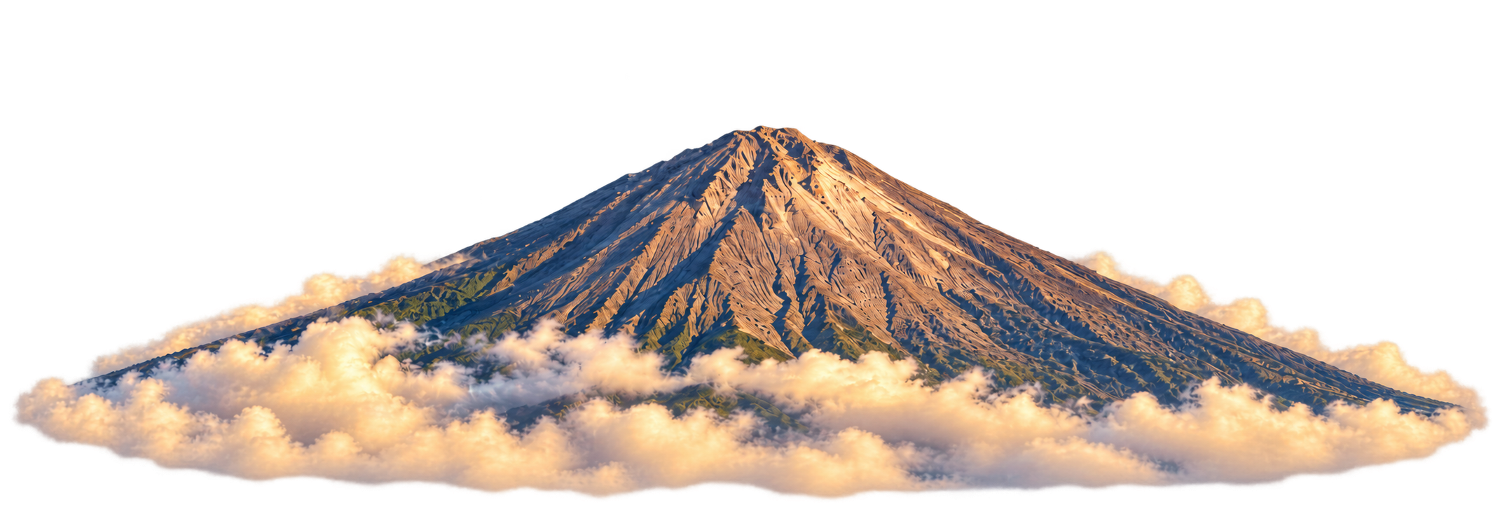 Volcán de Colima entre nubes iluminadas por el atardecer.